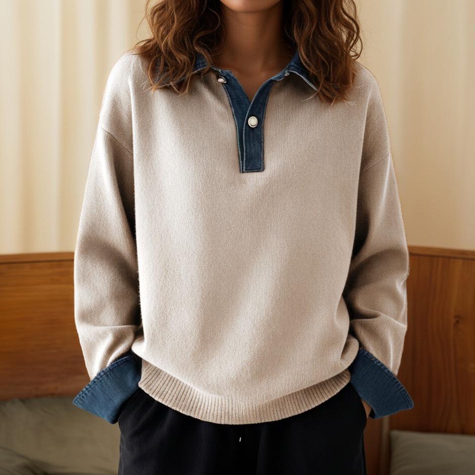 European & American Autumn/Winter Color Block Denim Patchwork Knit Pullover Sweater for Women