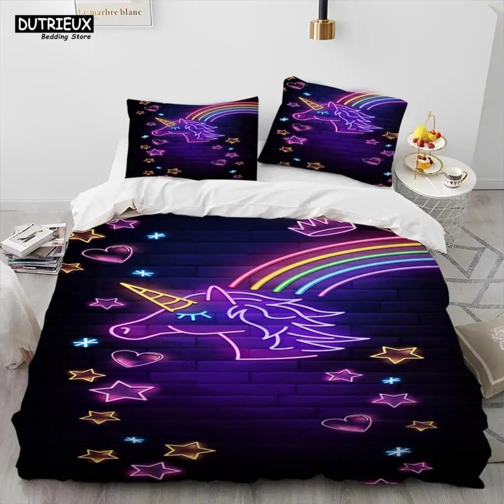Einhorn Niedlich Cartoon Bettdecke Bettwäsche Set,Bettbezug Bett Set Bettdeckenbezug Kissenbezug,Queen Bettwäsche Set