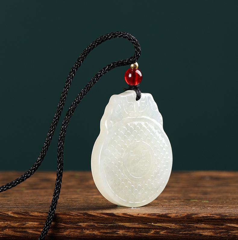 White Ice Fu Character Pendant - Natural Water Jade Necklace, Ping An Jewelry, Jade Pendant Sweater Chain