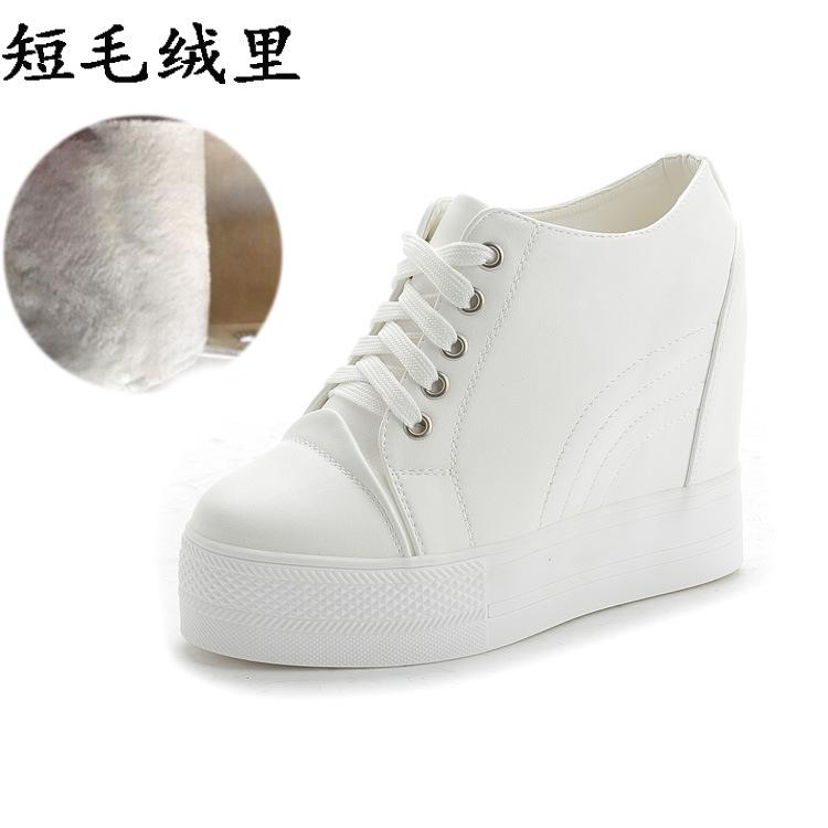 Fashion Women Autumn Leather 11cm Hidden Wedge Sneakers Platform Shoes High Heels Sneakers Female Casual Footwear White Woman Trainers