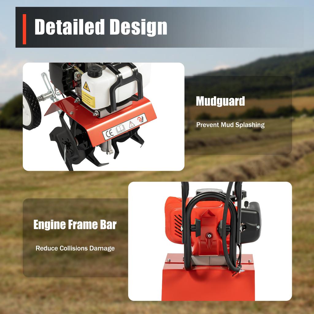 Garden Tiller with Four Manganese Steel Blades,1700W Engine,52CC Displacement,6500-7000rpm,Two Adjustable Wheels,for Greenhouses