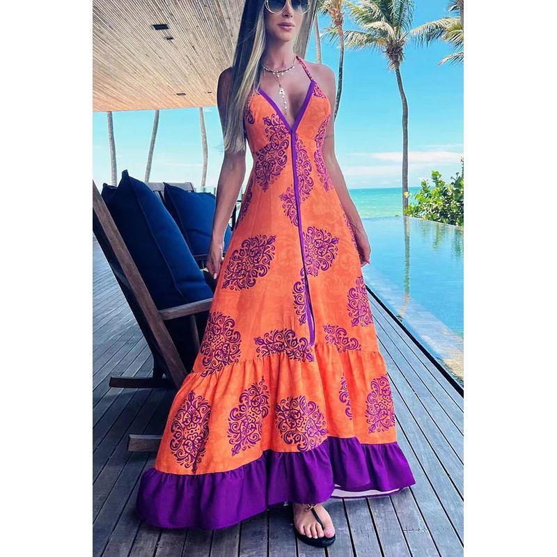 

Printed V-neck Halter Dress Beach Holiday Fashion Print V-neck Strap Dress Women s Clothing Purple M