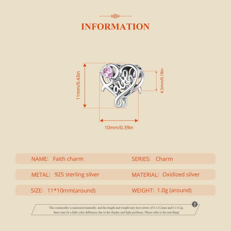 BAMOER Faith Charm for Women 925 Sterling Silver Cross Pendant Heart Shaped CZ Initial Pendant Fit Charm Bracelet Christmas Gift