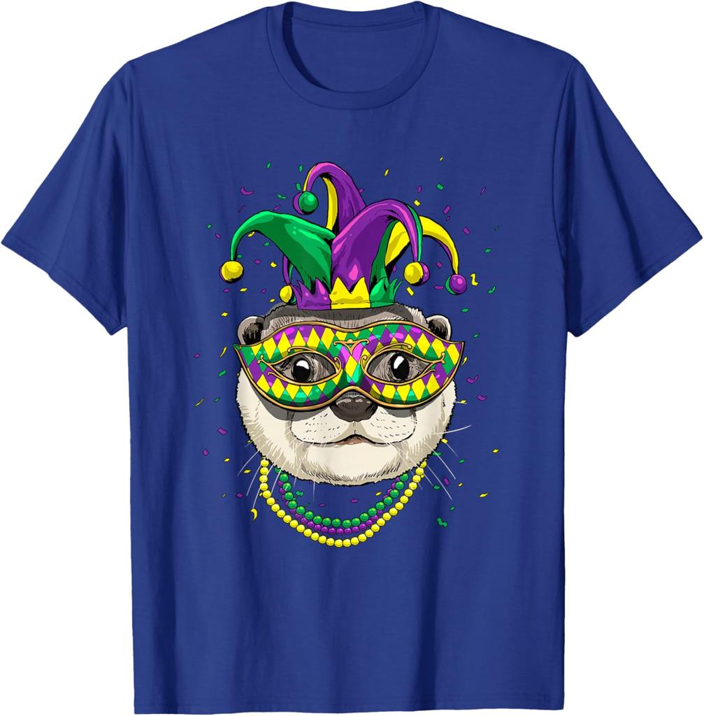 Mardi Gras Otter  Mask Beads Graphic Print Cotton Casual T-Shirt for Men