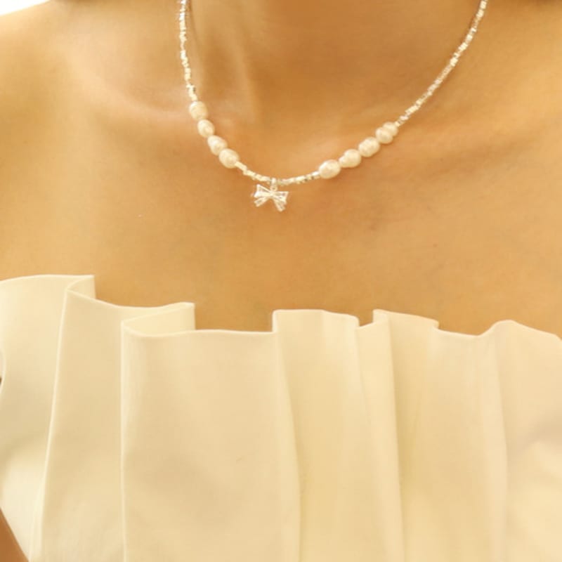 VINTAGEPINK Giselle Pearl Ribbon Silver Necklace [925 SV]
