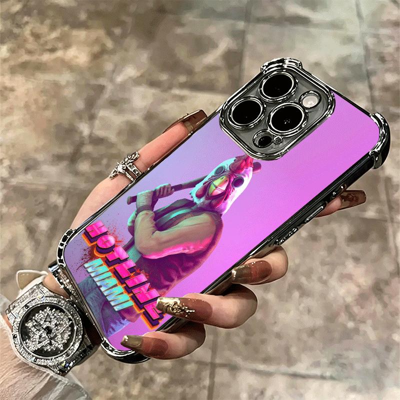 H-Hotline M-Miami Game Plating Phone Case For Iphone 16 17 Pro Max Air 16E 14 15 Plus 12 13 Mini Anti-Fall Airabag Cover