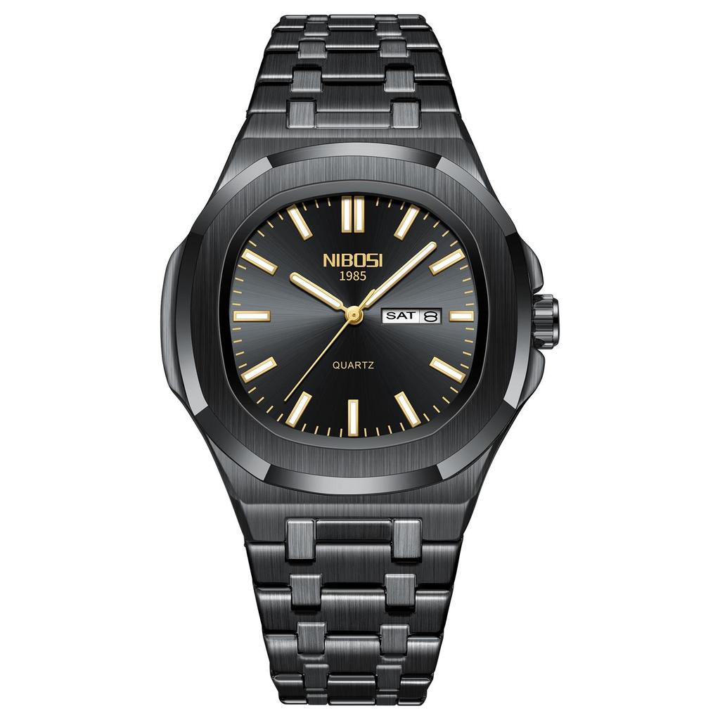 Waterproof Mens Square Quartz Watch Luminous Day Date Display Steel Strap Classic Casual Daily Wristwatch