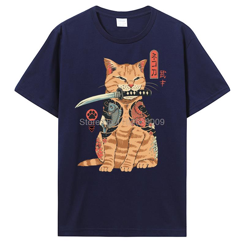 Summer New Men Japanese Samurai Cat Graphic T Shirt Fashion Casual Personality Cool T-shirt Print Cotton Tees Tops