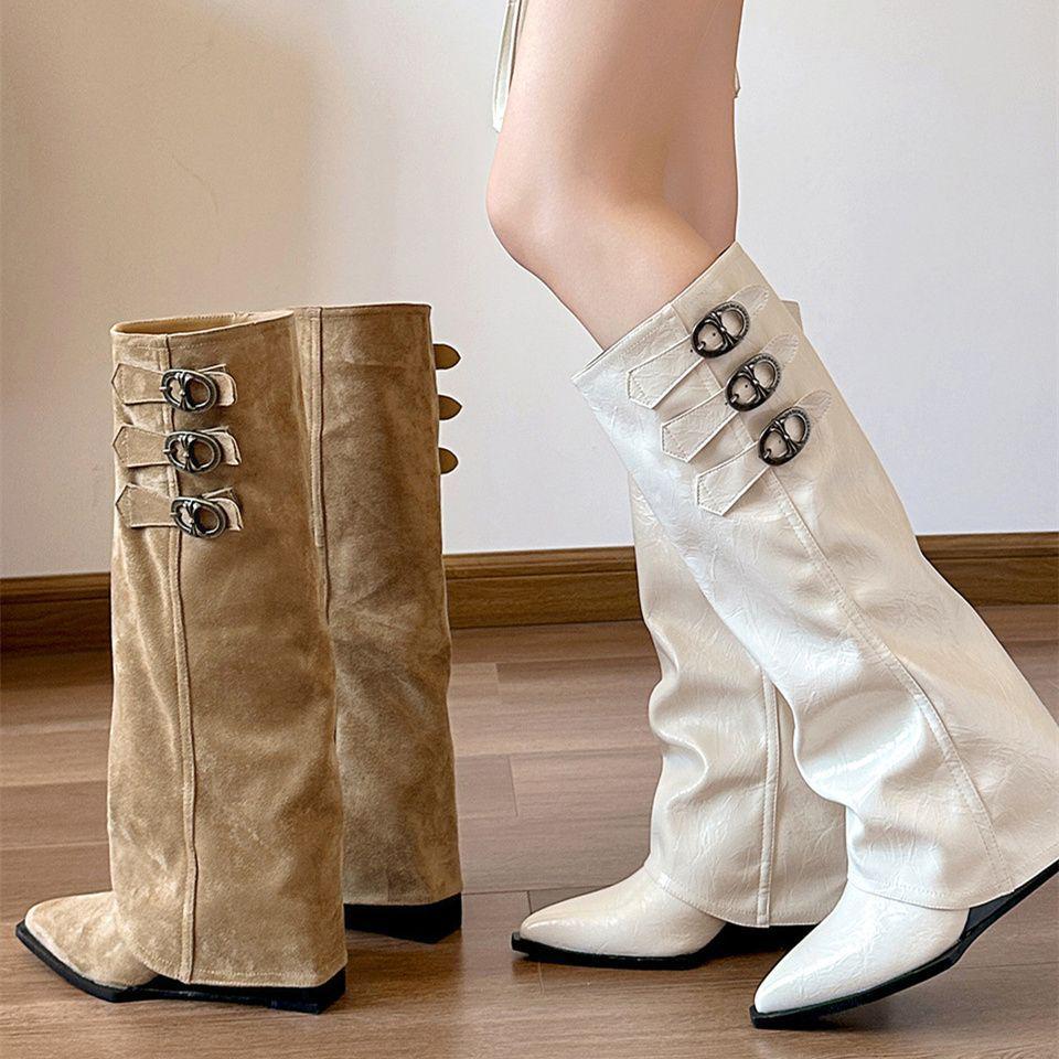 French Pointed Toe Thigh-High Wedge Heel Boots - Women's Elevated Pant Boots for Autumn/Winter Fashion, Over-the-Knee Wasteland Style.