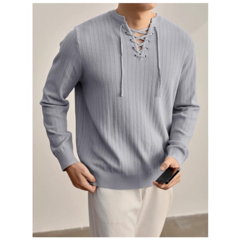 Men V Neck Drawstring Solid Long Sleeve Casual Knit Sweater