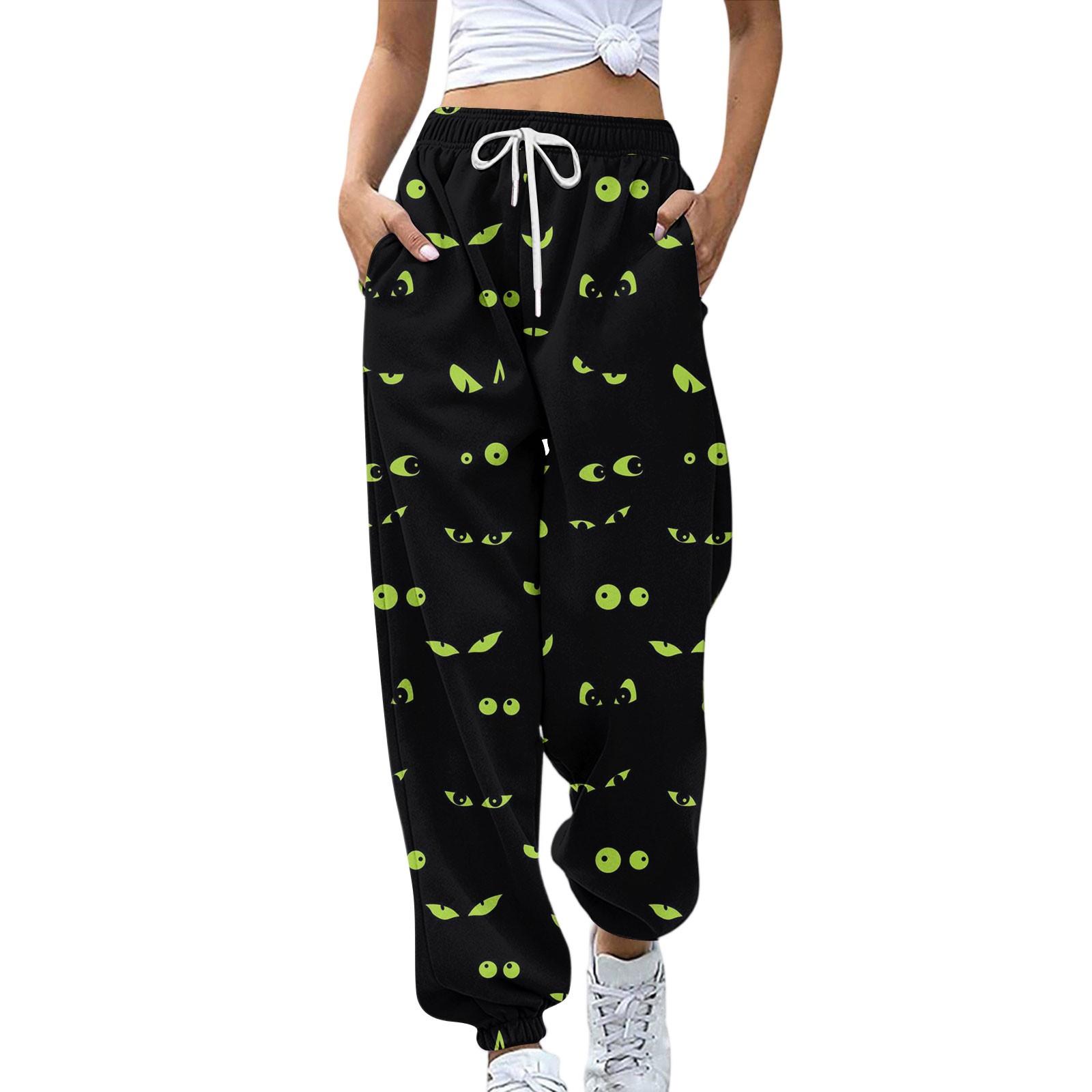 

Женские спортивные штаны Эластичный пояс Кулиска Повседневные брюки Принт на Хэллоуин Брюки с карманами L зелёный