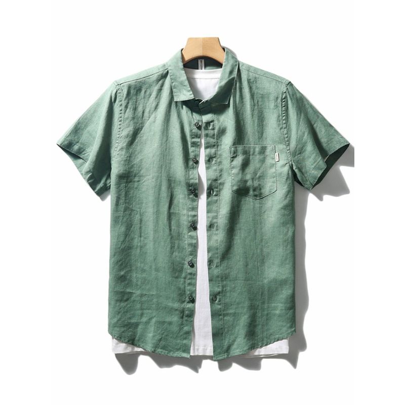 Chinese Style Pure Linen Short-Sleeved Shirt for Men, Summer Thin Loose Jacket, Export White Casual Shirt
