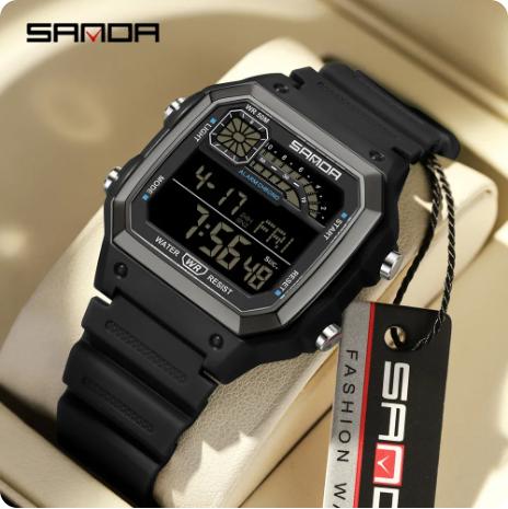 SANDA 6196 Relógio Digital Masculino Pulseira de Silicone Quadrado Eletrônico LED Alarme Contagem Regressiva Tempo Duplo À Prova d'Água Esportivo Casual