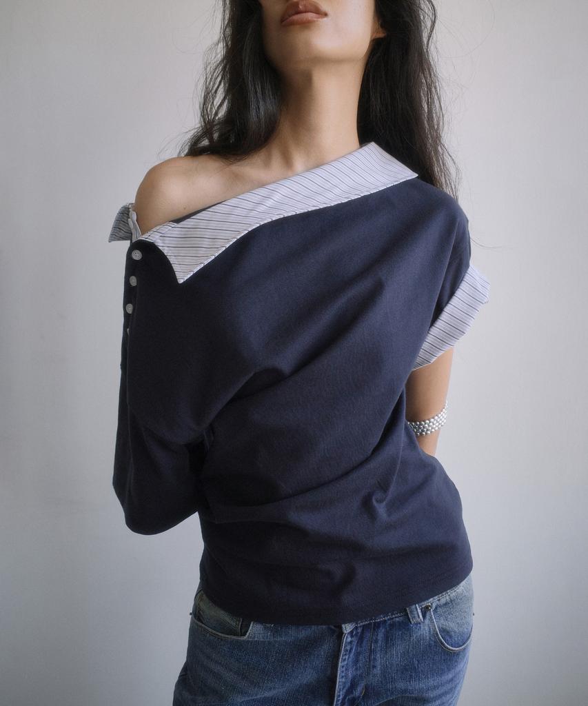 PORTERNA Off-Shoulder Shirt Layered Unbalanced T-Shirt-Navy