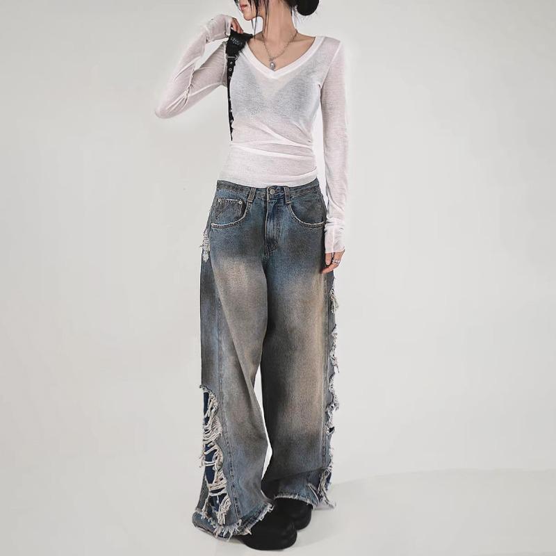 Trendy Korean Tassel Ripped Jeans: Washed, Punk Style, Straight-Leg, Draping Long Pants for Teenagers