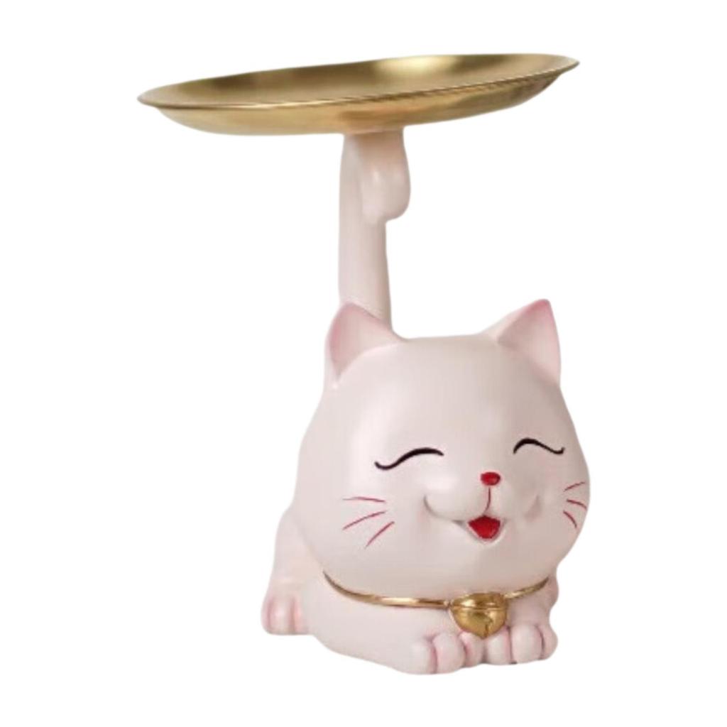 Cartoon Cat Statue with Tray Art Crafts Fine Workmanship Collecting Table Ornament for Bedroom Shelf Entrance Living Room Porch