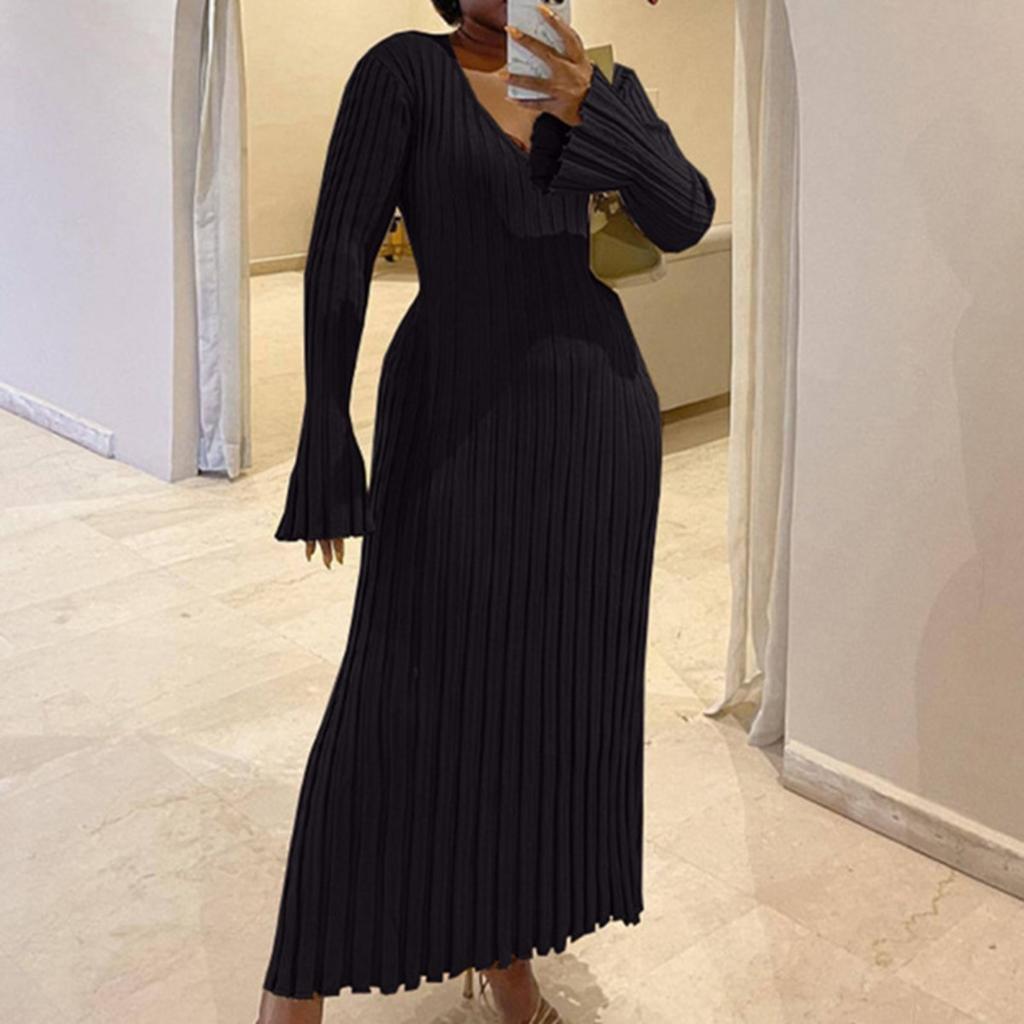 Knitted, Dress, Casual, Waist Cinching, V-neck, Striped, Knitted Long Skirt, Women's