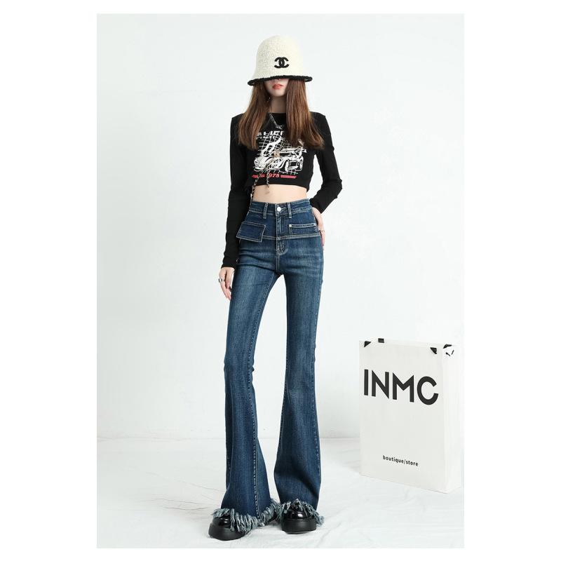 

Жіночі осінні приталені джинси із завищеною талією з необробленими краями з бахромою XXL синій