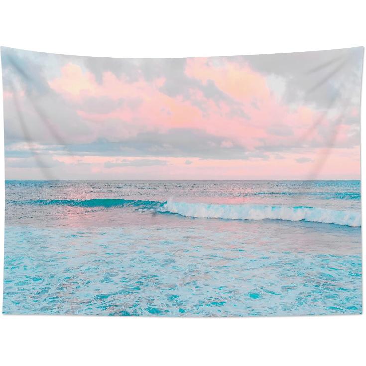 LB Ocean Pink Sky Tapestry, Teal Sea Ocean with Pink Cloud Wall Tapestry for Bedroom, Pastel Nature Landscape Wall Hanging Tapestry Wall Art for