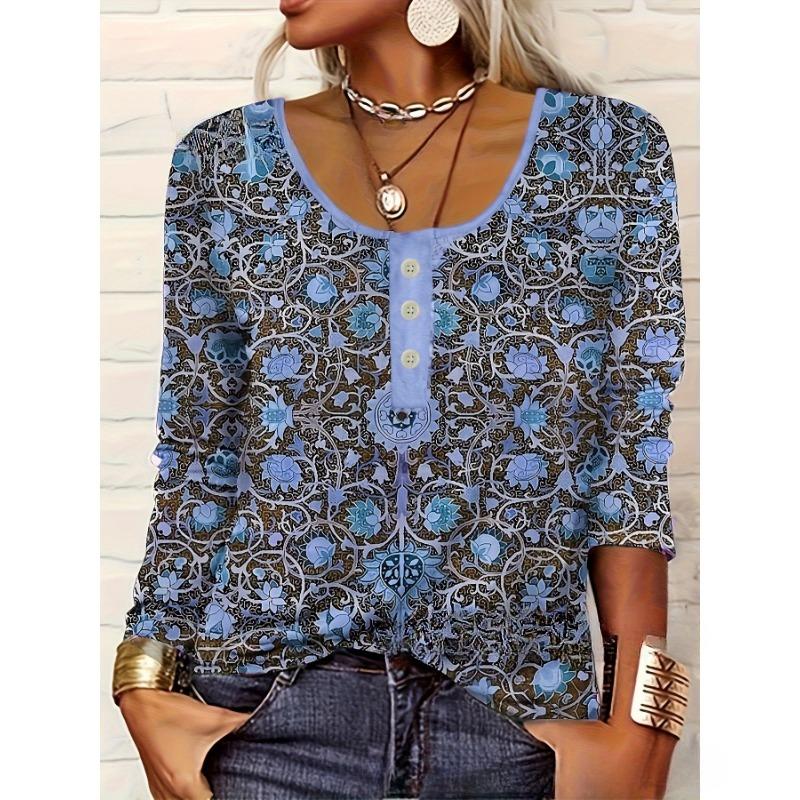 Women's V-neck Casual Ethnic Style Printed Button Up Oversized Women's T-shirt