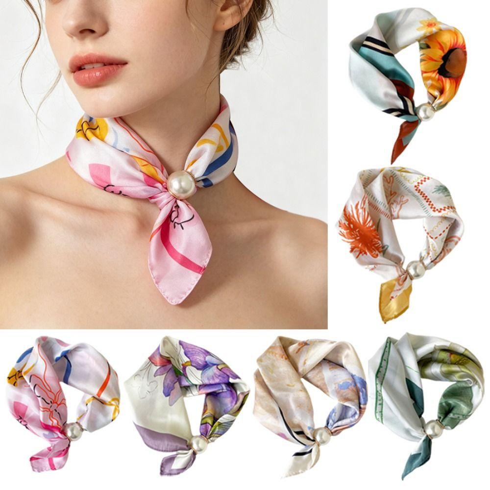 Lightweight Silk Scarf Breathable Printed Neck Scarf Accessory Magnetic Clasp Scarf Women