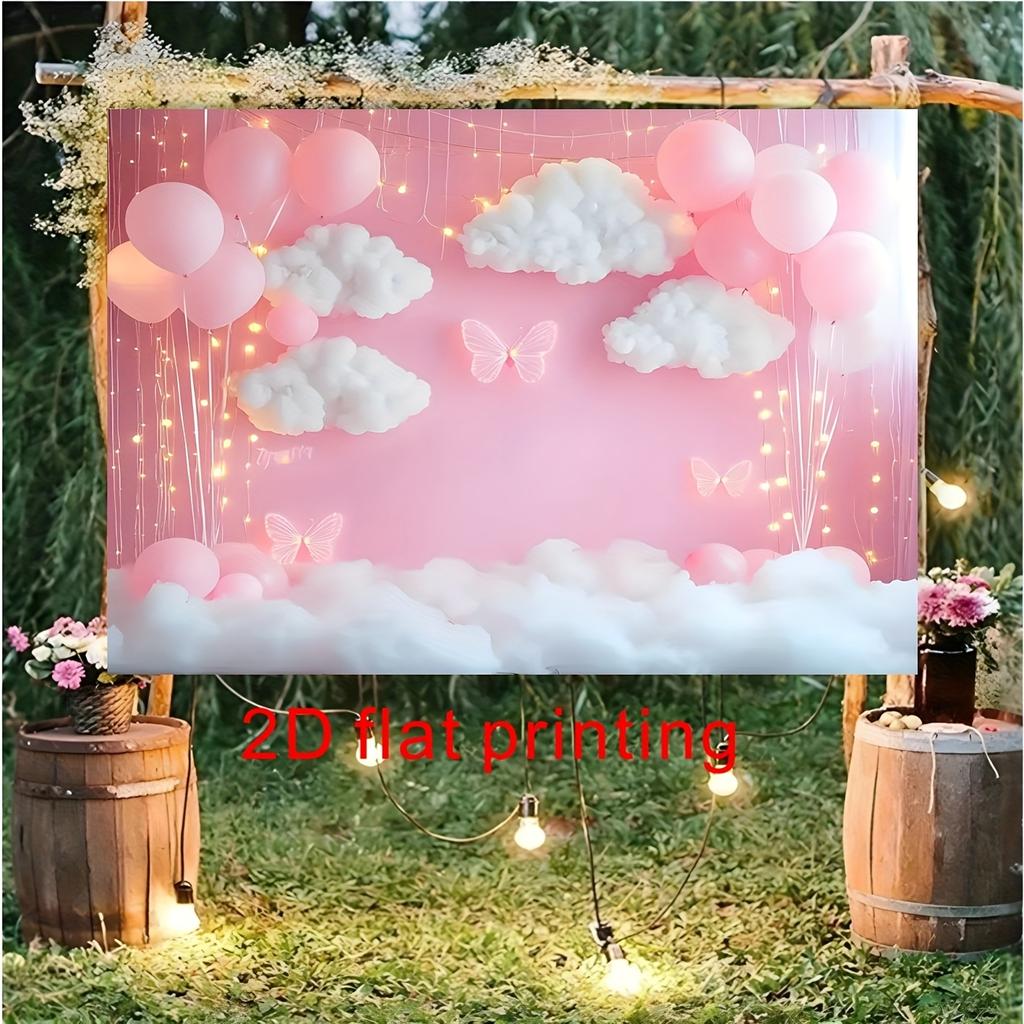 Un tissu de fond plat polyester 2D rose avec des motifs de papillon, de fleur, de nuage et de ballon, adapté aux fêtes