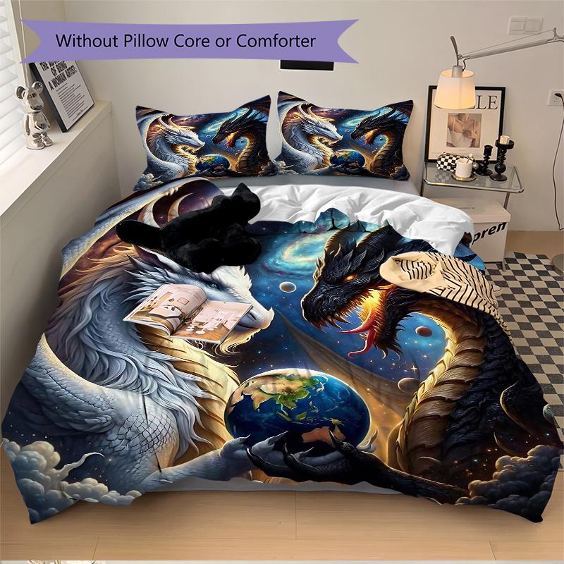3pcs Two Dragons One Earth Printed Duvet Cover Set (1 * Cover+2 * Pillowcase, Without Core), Suitable for Home Bedroom, Guest Room, Dormitory Dec