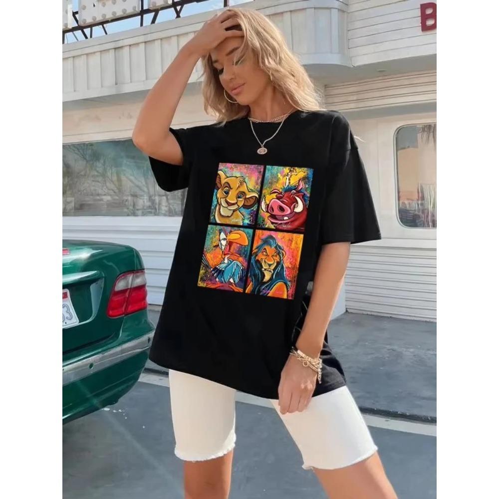 2026 New Ulzzang Harajuku Cartoon Lion King Print Fashion WoUnisex Crew Neck Loose Plus Size Short Sleeve TShirt