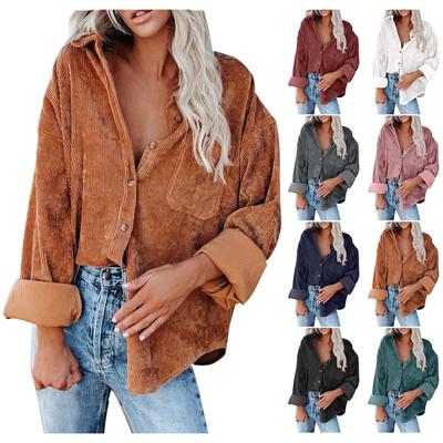 Womens Casual V Neck Long Sleeve Button Corduroy95%polye Casual Blouse Coat Tops