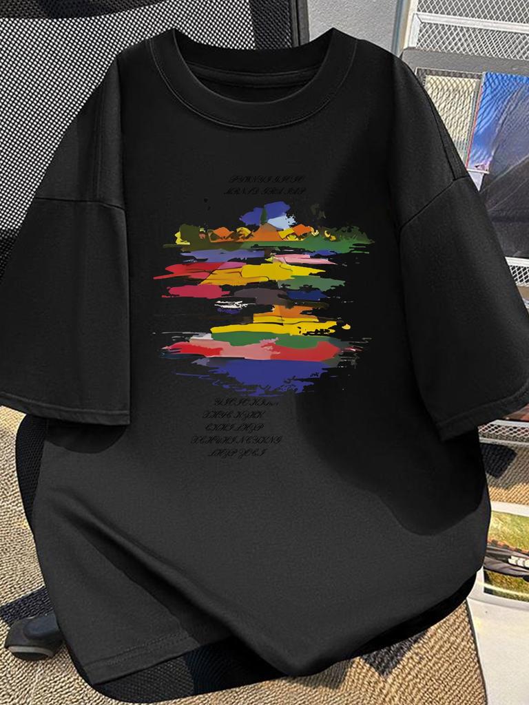 Unisex Colorful Abstract Brush Print Cotton TShirt Relaxed crew neck lightweight summer top for men and women