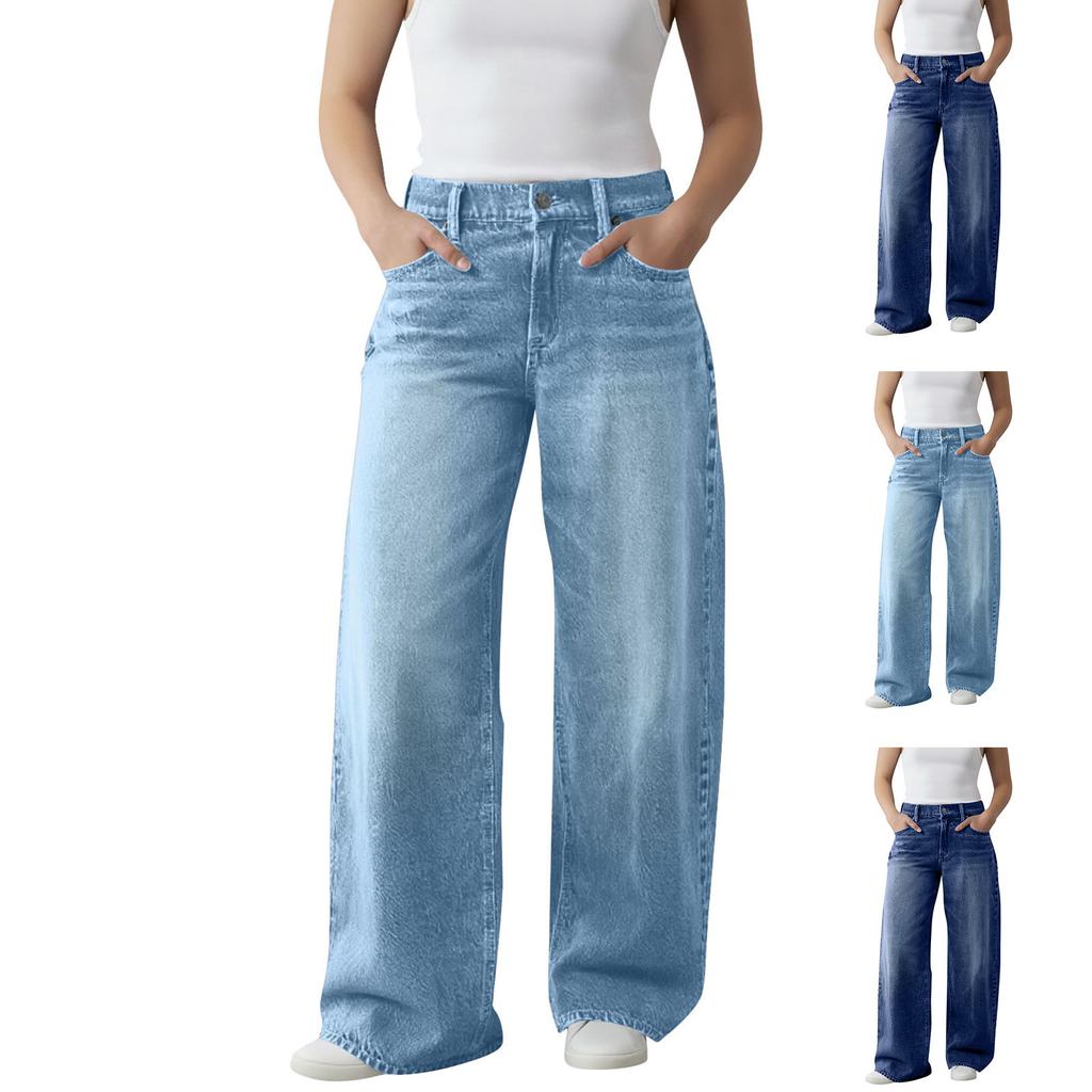 Womens High Waisted Jeans Stretchy Flared Straight Leg Loose Trendy Hem Denim Pants