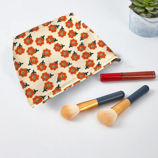 Flower Print Corduroy Cosmetic Bag Large Capacity Portable Smooth Zipper Multifunctional Travel Toiletry Makeup Lipstick Coins Phone Storage Pouch