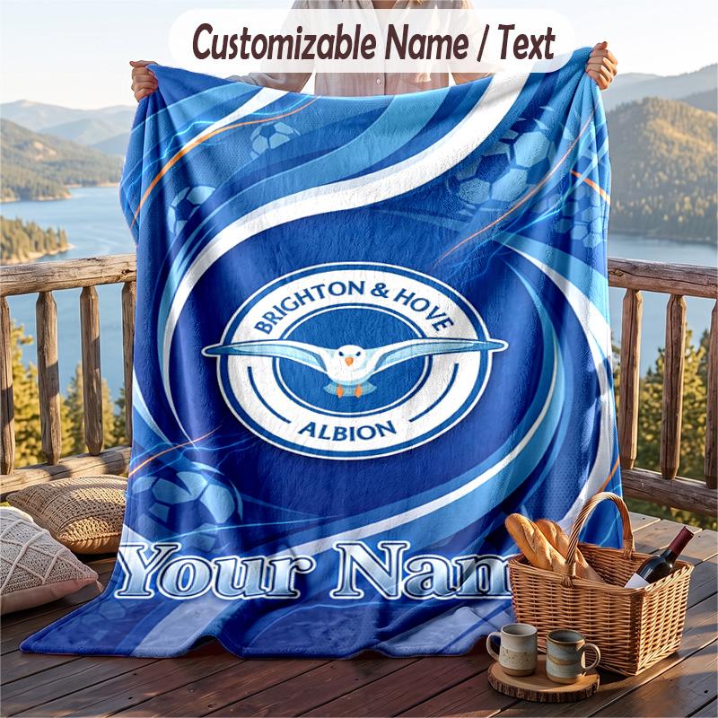 Flannel Blanket Brighton & Hove Albion Football Print Custom Name Text Soft Throw for Sofa Bed