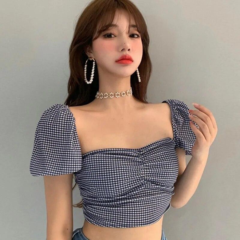 Damska szyfonowa koszula w kratę z kwadratowym kołnierzykiem i bufiastymi rękawami