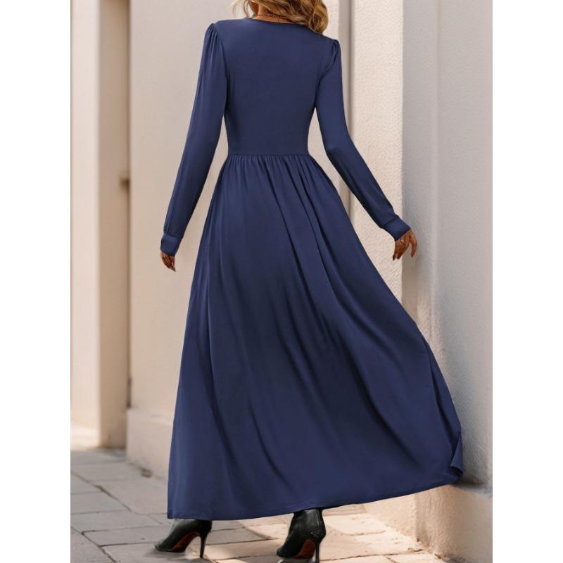 VEZFAA Women's Fashion Spring Fall Solid Color Print Long Sleeve V-Neck High Waist Casual Dresses