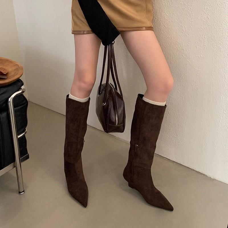 Heel pointed head suede thin tall knight boots women's small height increase long boots but knee pile long boots