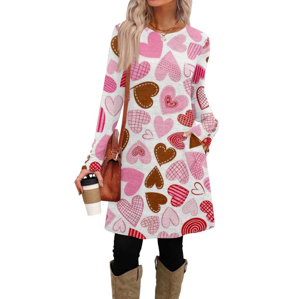 Women's fashion casual pocket decorative button dress round neck long sleeve printed dress