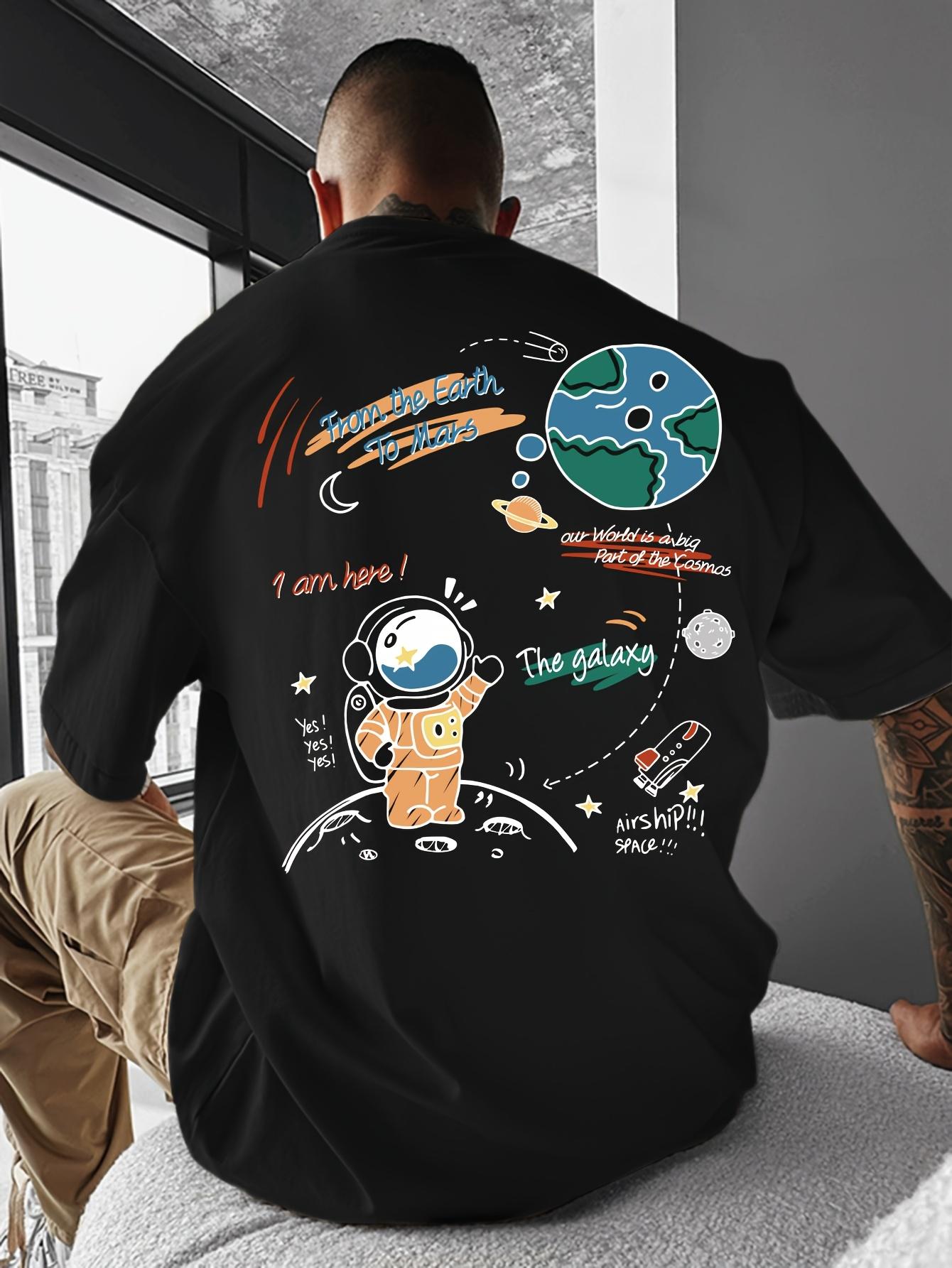 Summer New Style Cartoon Astronaut Print Mens Tshirt in Loose Fit 100 Pure Cotton Casual Sports Mens Short Sleeve Clothing L