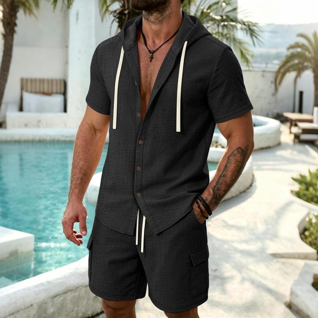 Men's Summer Casual Loose Hooded Short Sleeve Shirt and Workwear Shorts Set