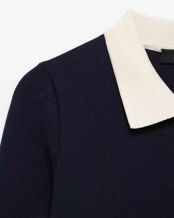TAOP&ZA Women's Early Spring Color Block Turn-Down Collar Long Sleeve Knitted Dress