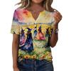Women's Casual Halloween Printed V-Neck Short Sleeve Button Front T-Shirt Top