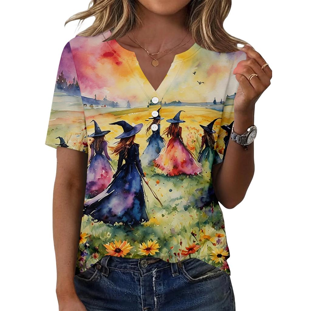 Women's Casual Halloween Printed V-Neck Short Sleeve Button Front T-Shirt Top