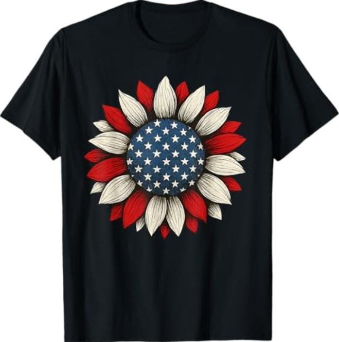 Sunflower 4th of July American Flag Women Men America USA T-Shirt