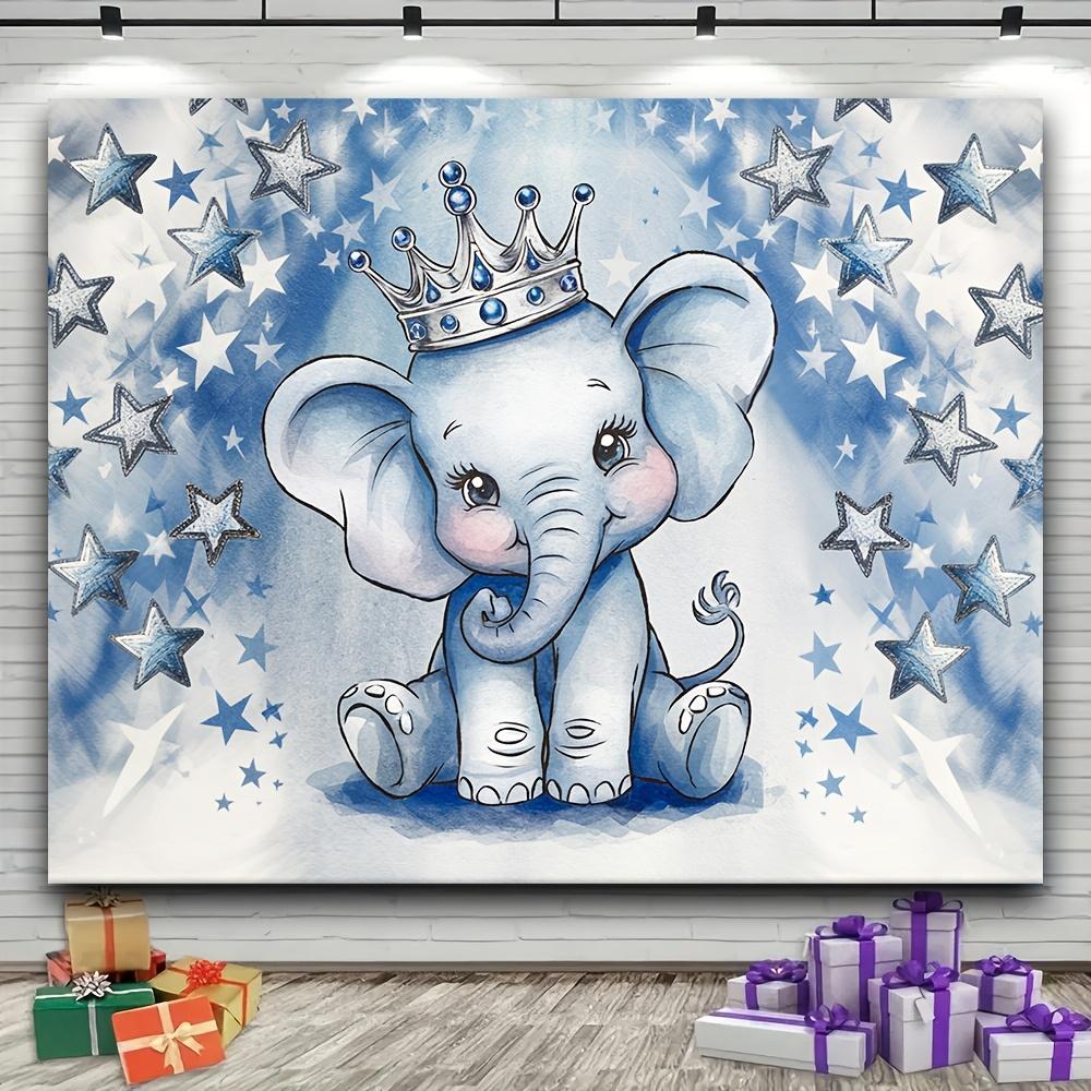 2D graphic design 1 piece. Party photography backdrop with blue silver glittered dot elephant background fabric.