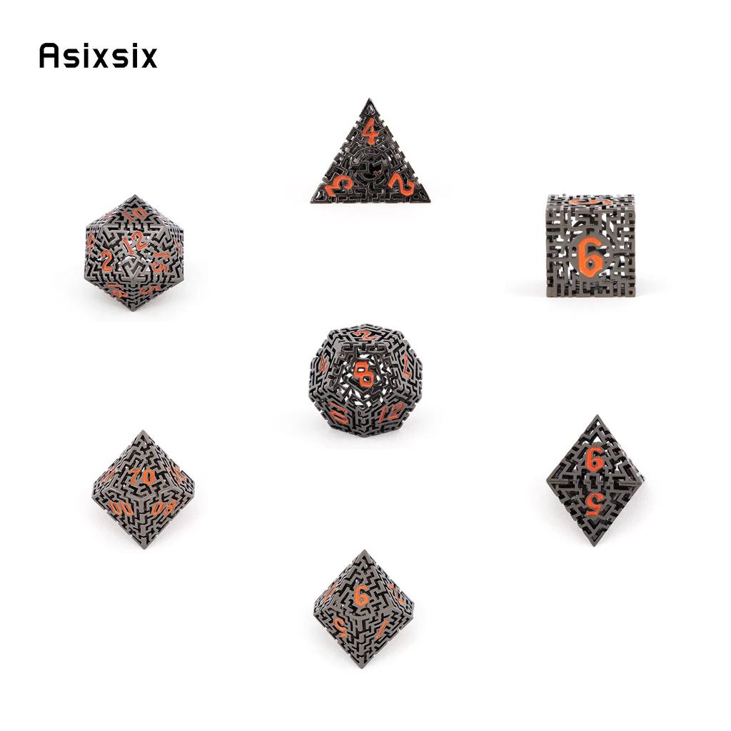 7 Pcs Black Red Metal Dice Maze Hollow Metal Polyhedral Dice Set Suitable for Role-Playing RPG Board Game Card Game