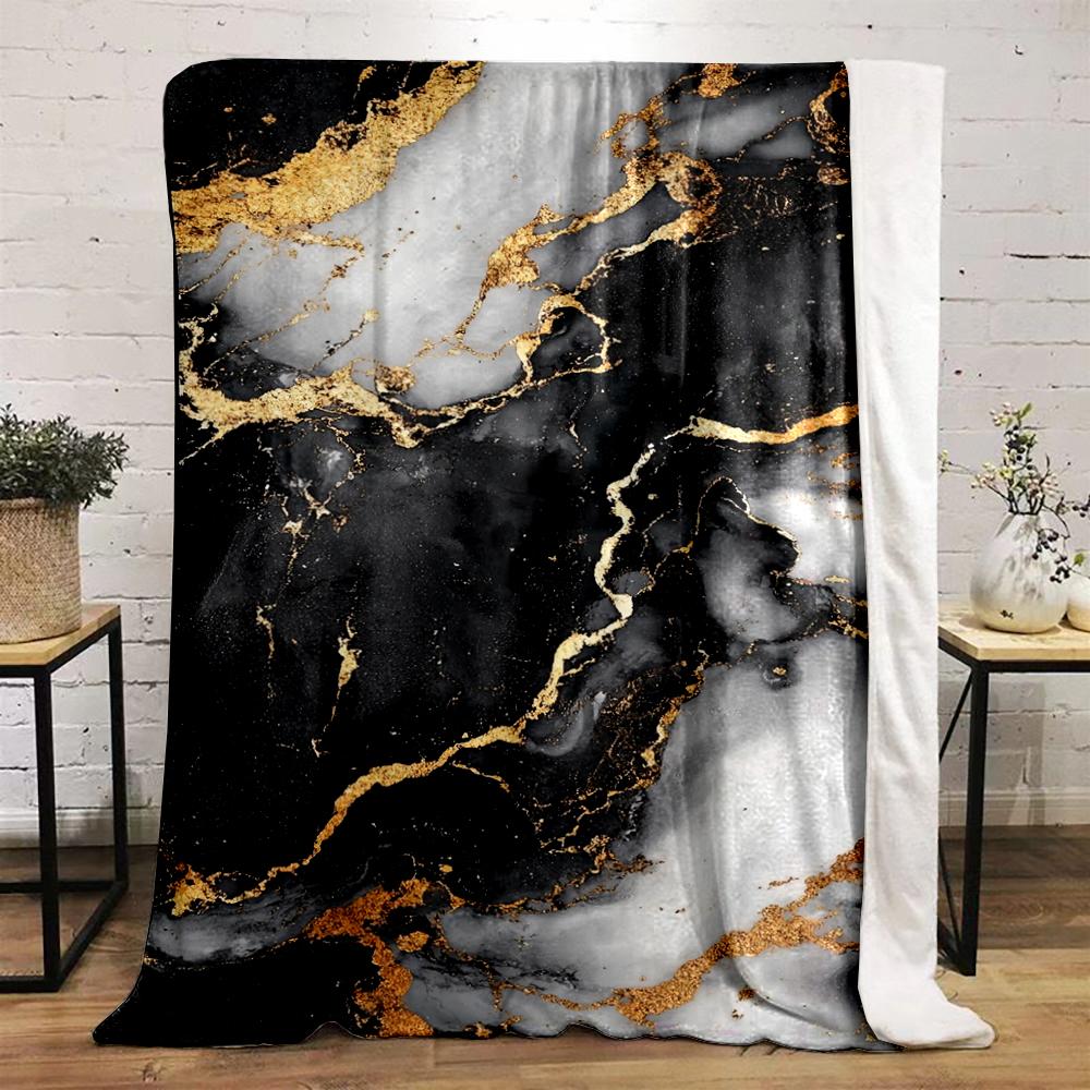 Luxury Black and Gold Marble Pattern Warm Blanket Flannel Blanket for Bedroom, Living Room, Sofa, and Nap