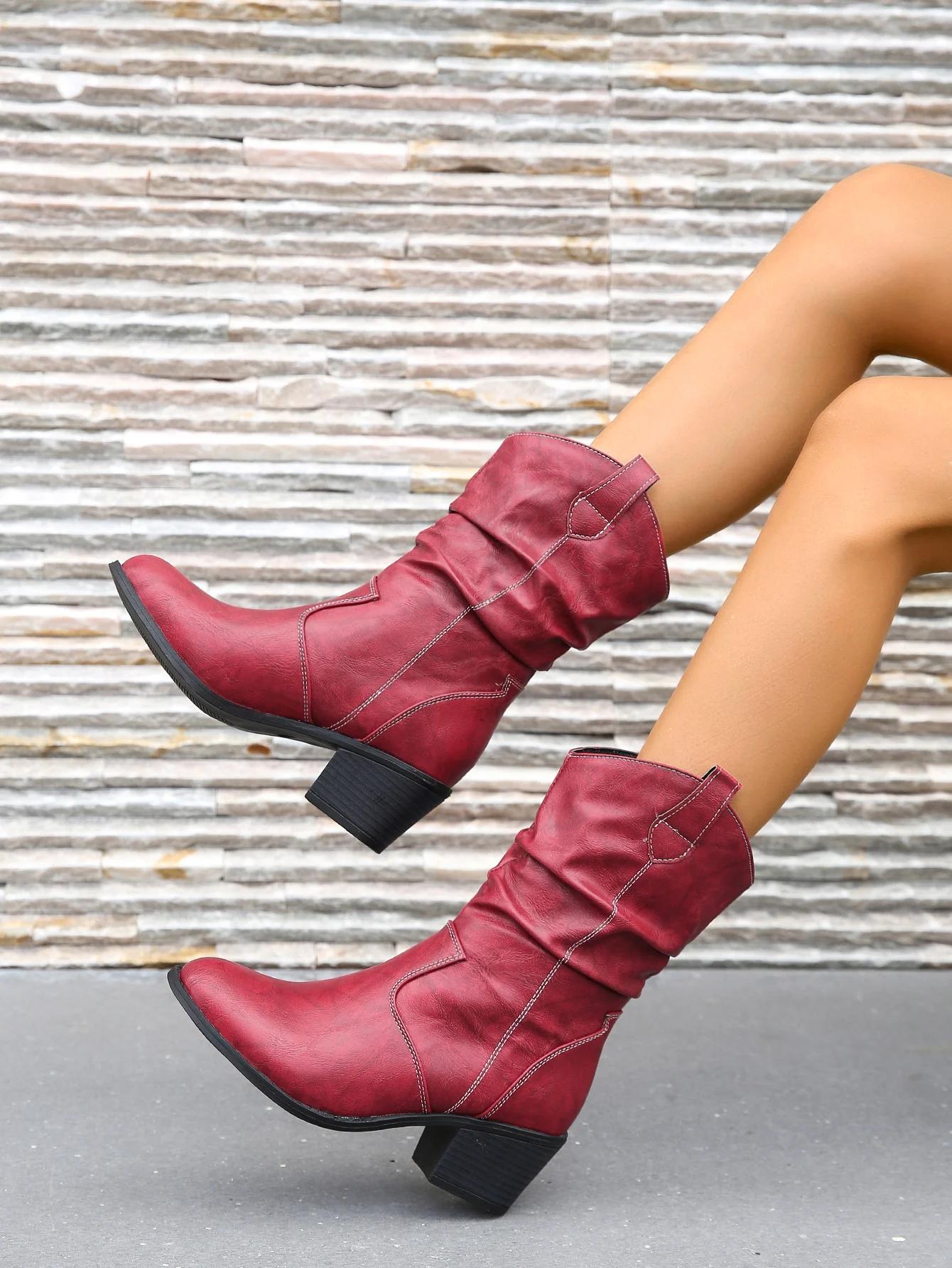 

Резиновые сапоги на квадратном каблуке средней длины для женщин, горячая распродажа, зимняя однотонная женская обувь без застежек, сапоги с острым носком на среднем каблуке 37