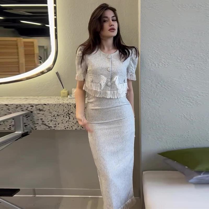 2024 Summer European & American Style Elegant Tassel Splicing Midi Skirt Set for Women