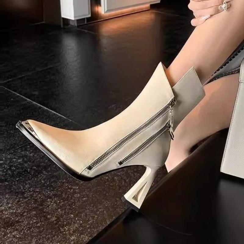 

Shaped Heel Booties 2026 Fashion Metal Pointed Toe Side Zip Anti-Slip Wear-Resistant High Heels 34
