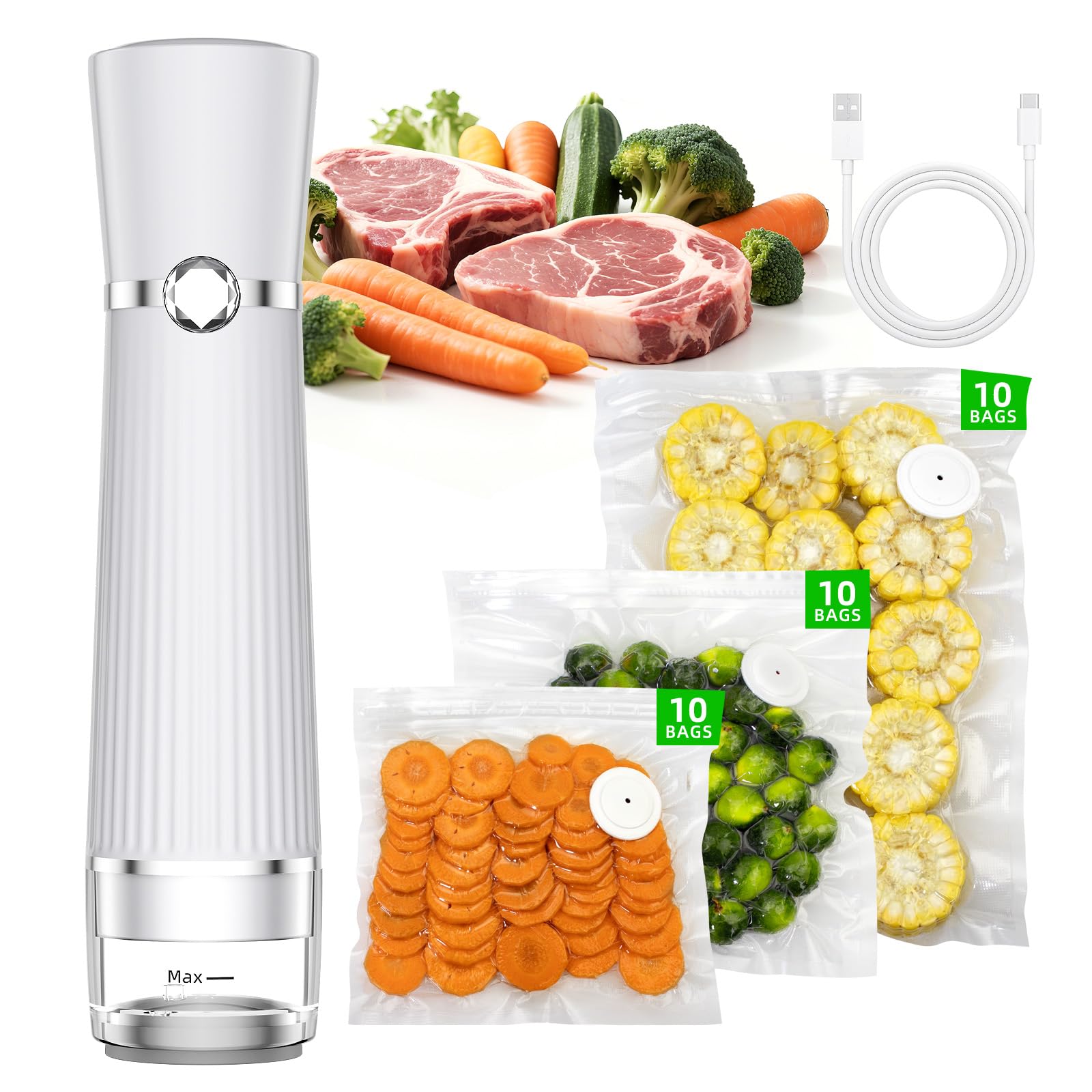 Vacuum Sealer for Food, Handheld Saver Compact Vacuum Sealer Machine with 30 Reusable Bags for 10X Preservation & Fresh белый